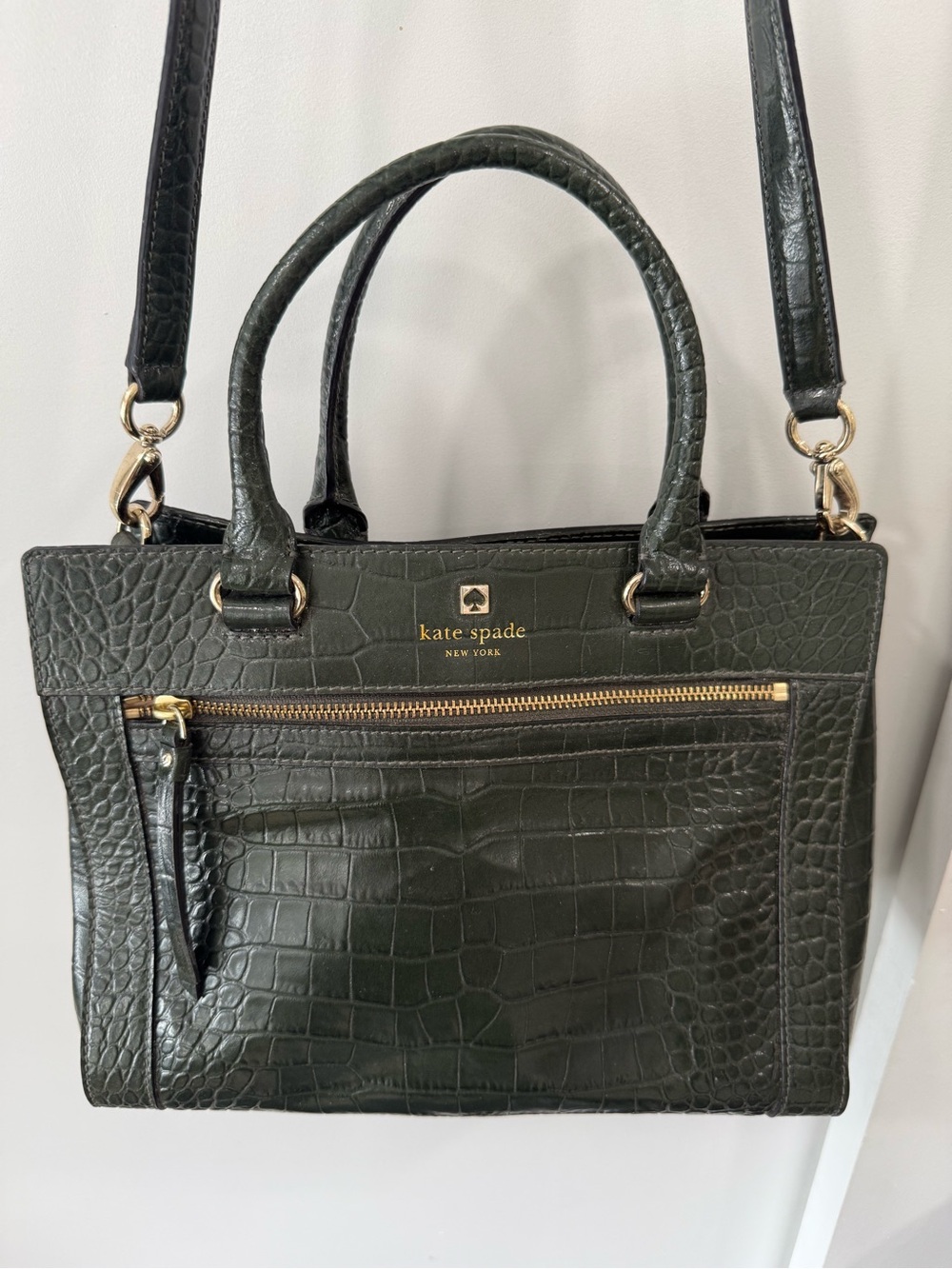 kate spade deep green croc-embossed leather satchel with gold hardware